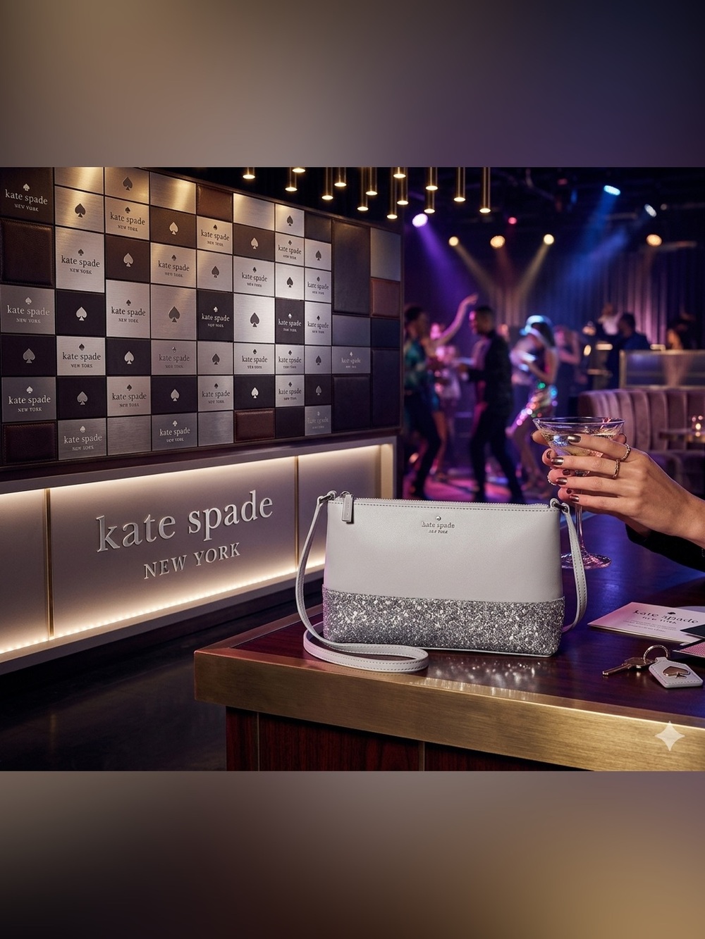 kate spade White Crossbody Bag with Silver Glitter Panel